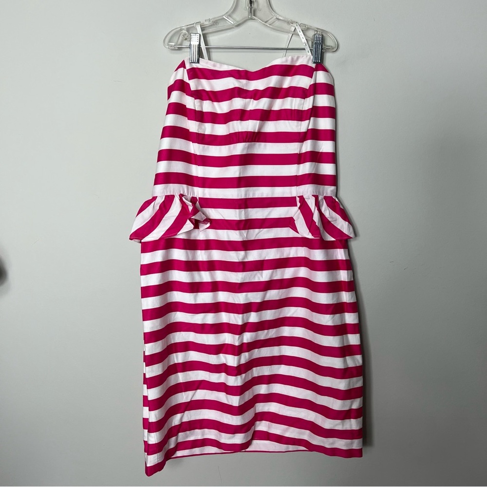 Lilly Pulitzer Striped Strapless Dress Pink White Peplum 598 - Picture 2 of 11